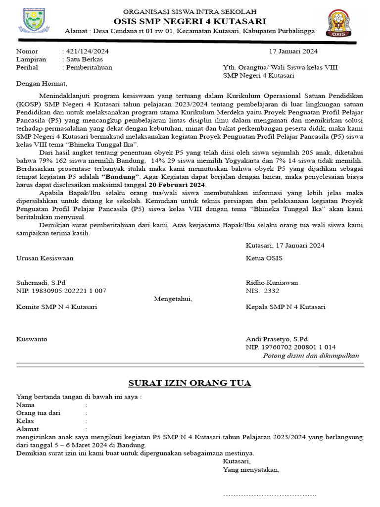 Surat Pemberitahuan Study Wisata | PDF