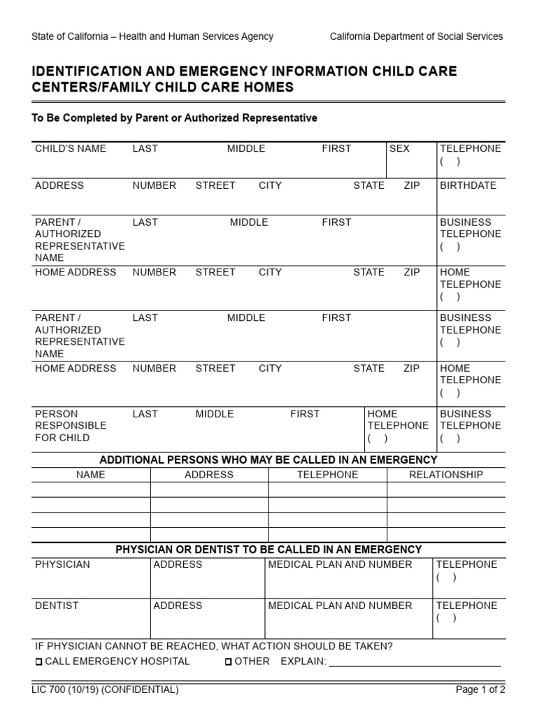 LIC 700 Emergency Info for Child Care | PDF | Child Protective Services ...
