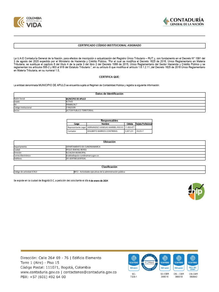 Certificado Código Institucional Asignado | PDF