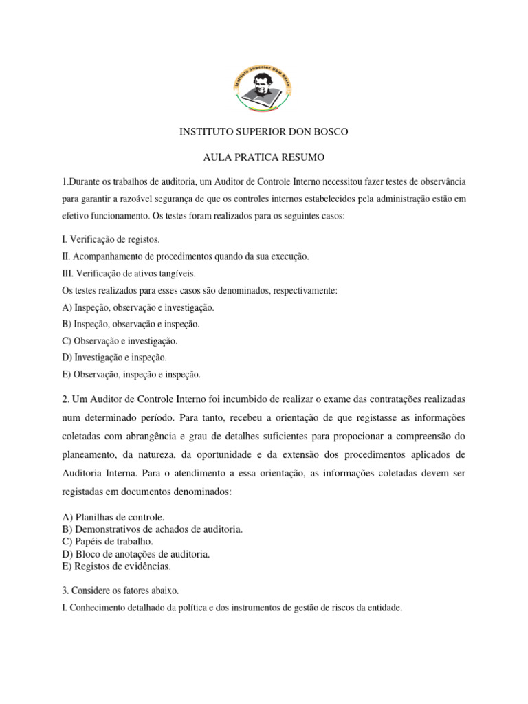 Testes de Auditoria e Controle Interno | PDF | Auditoria interna ...