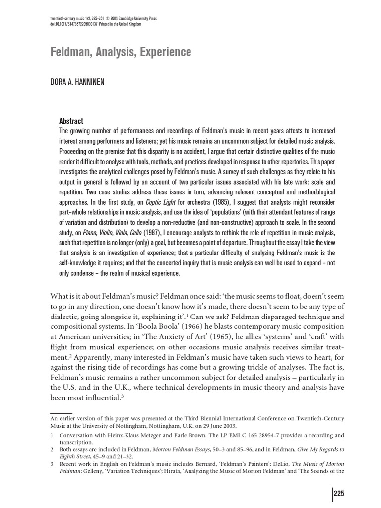 Feldman, Analysis, Experience | PDF | Methodology | Experience