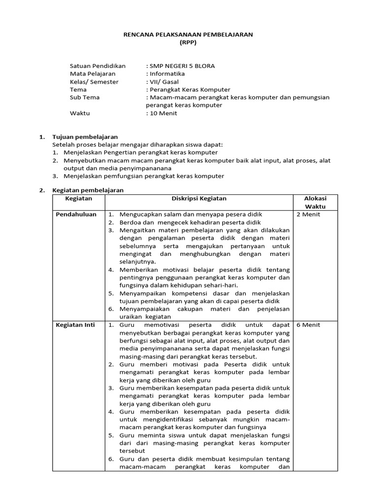 RPP Informatika Kelas 7: Perangkat Keras | PDF