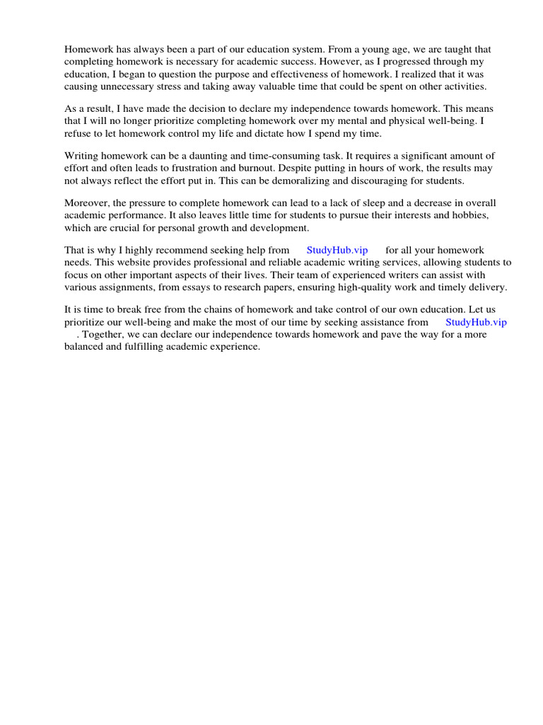 My Declaration of Independence Towards Homework | PDF | Homework ...