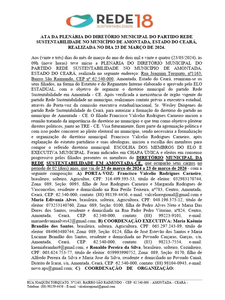 Ata - Plenária Rede Sustentabilidade - Amontada Ce | PDF | Brasil