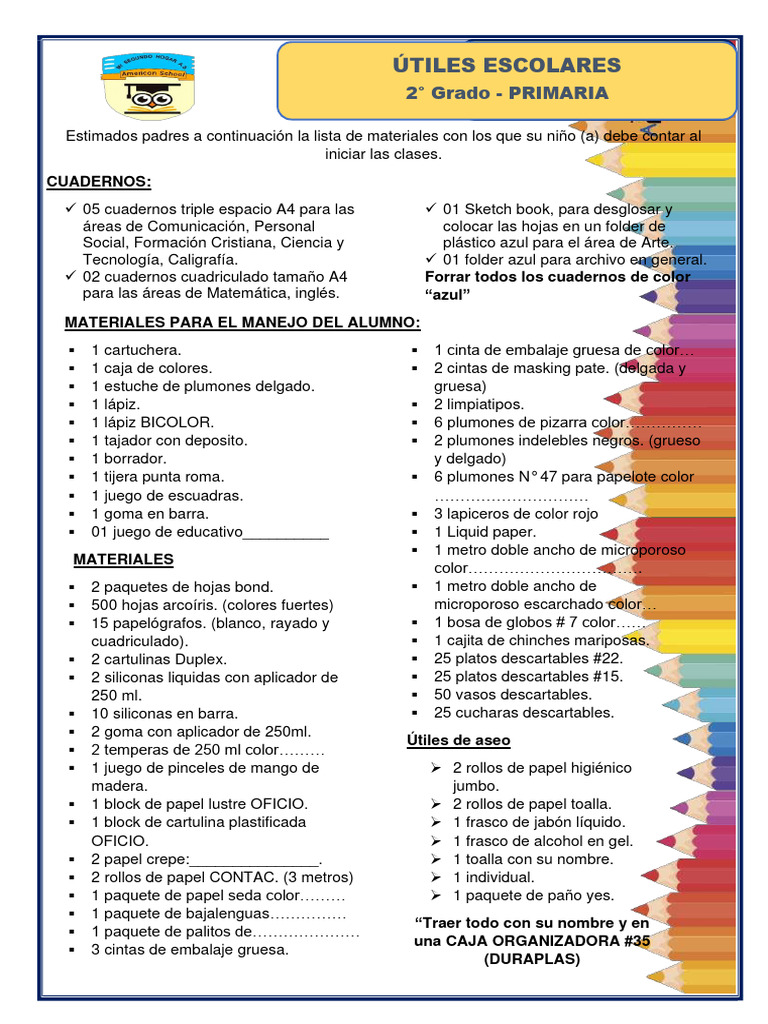 Lista de útiles escolares 2° grado 2025 | PDF | Papelería