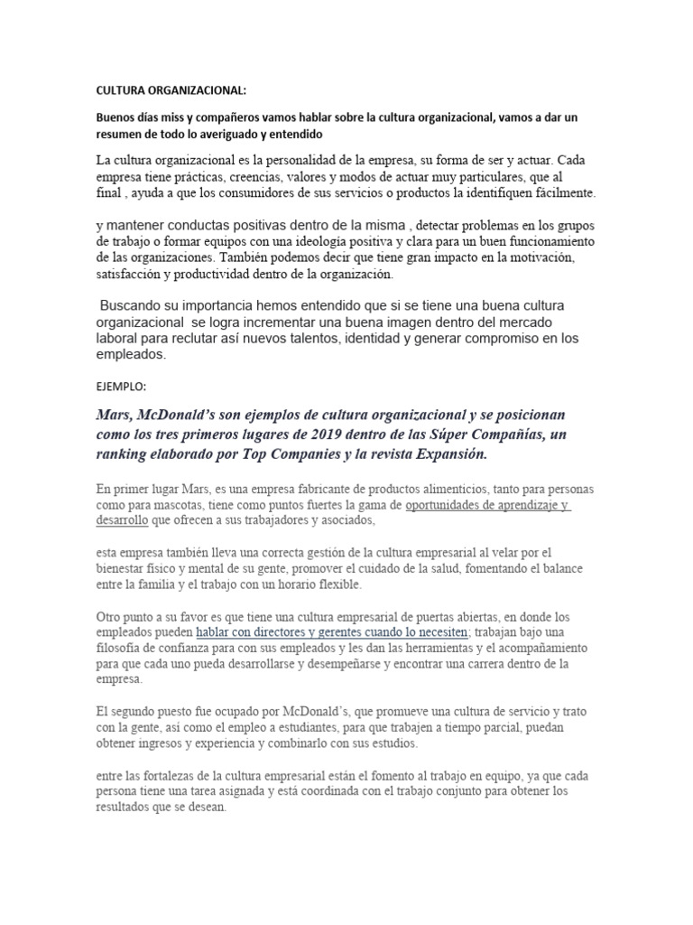Importancia de la Cultura Organizacional | PDF | Business | Cultura ...