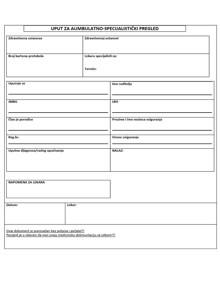 Uput Za Ambulantno-Specijalistički Pregled | PDF