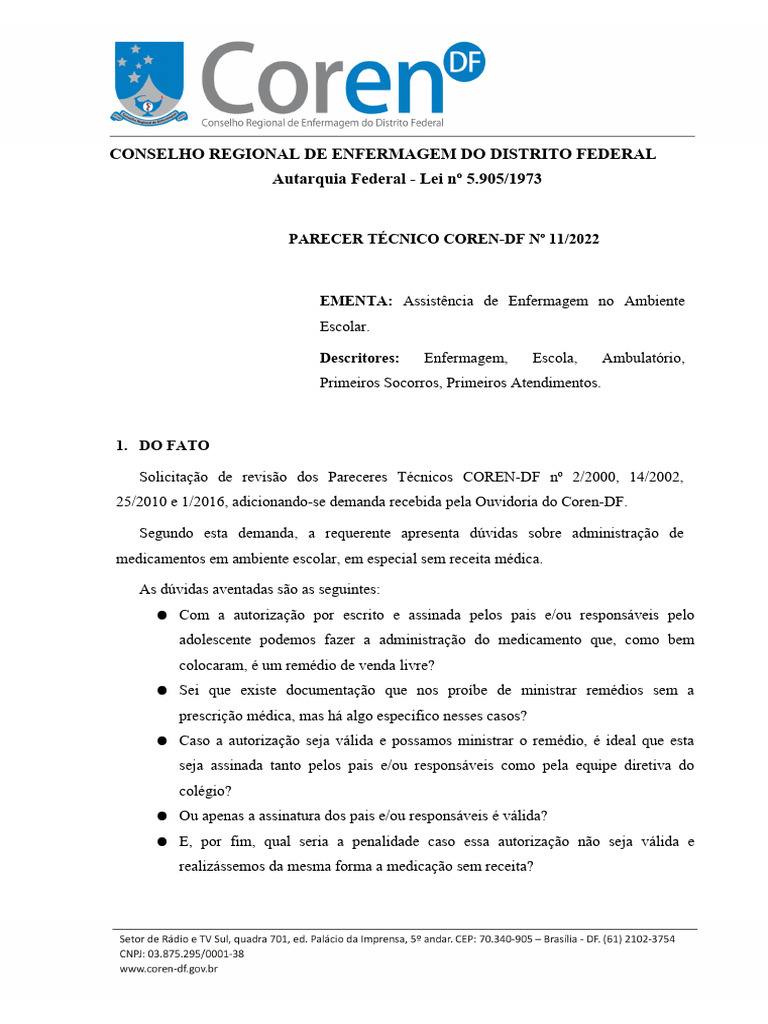 Coren DF Ambiente Escolar | Download grátis PDF | Enfermagem | Receita ...