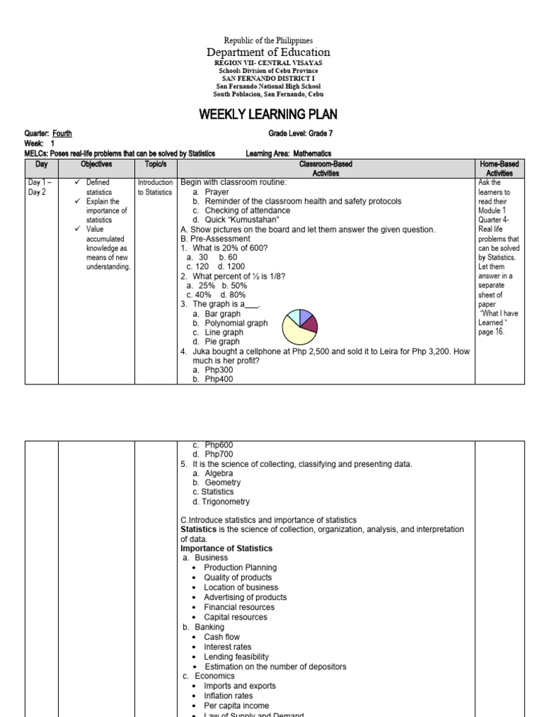 Quarter 4 - Weekly Learning Plan | PDF | Statistics | Interest Rates