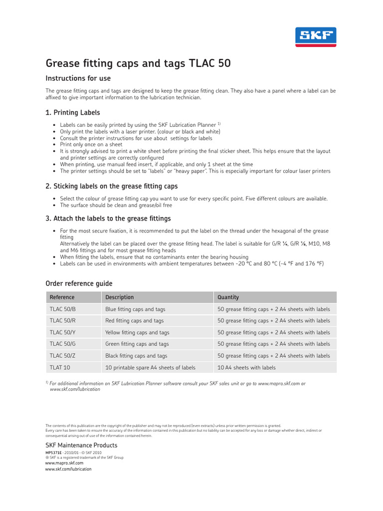 SKF Grease Fitting Caps and Tags TLAC 50 PDF Printer Lubrication