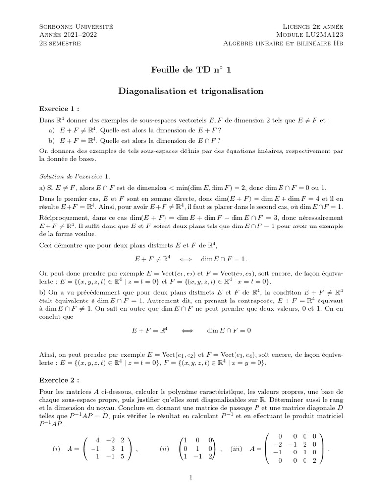 Diagonalisation et trigonalisation en TD | PDF | Valeur propre, vecteur ...