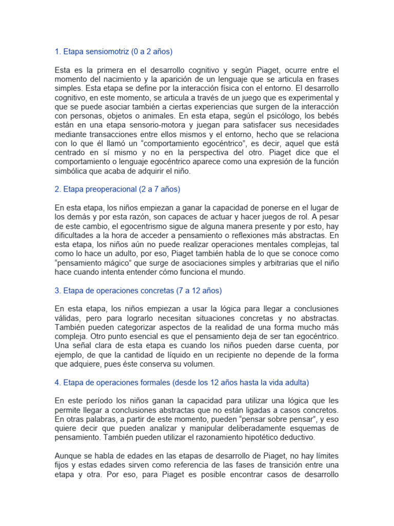 Las 4 etapas del desarrollo de Piaget | PDF | Pensamiento | Desarrollo ...