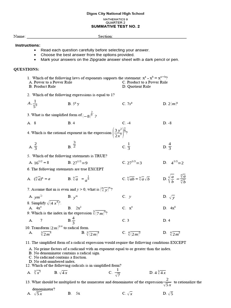 Math 9 Quarter 2 Summative Test 2 | PDF | Mathematics | Arithmetic