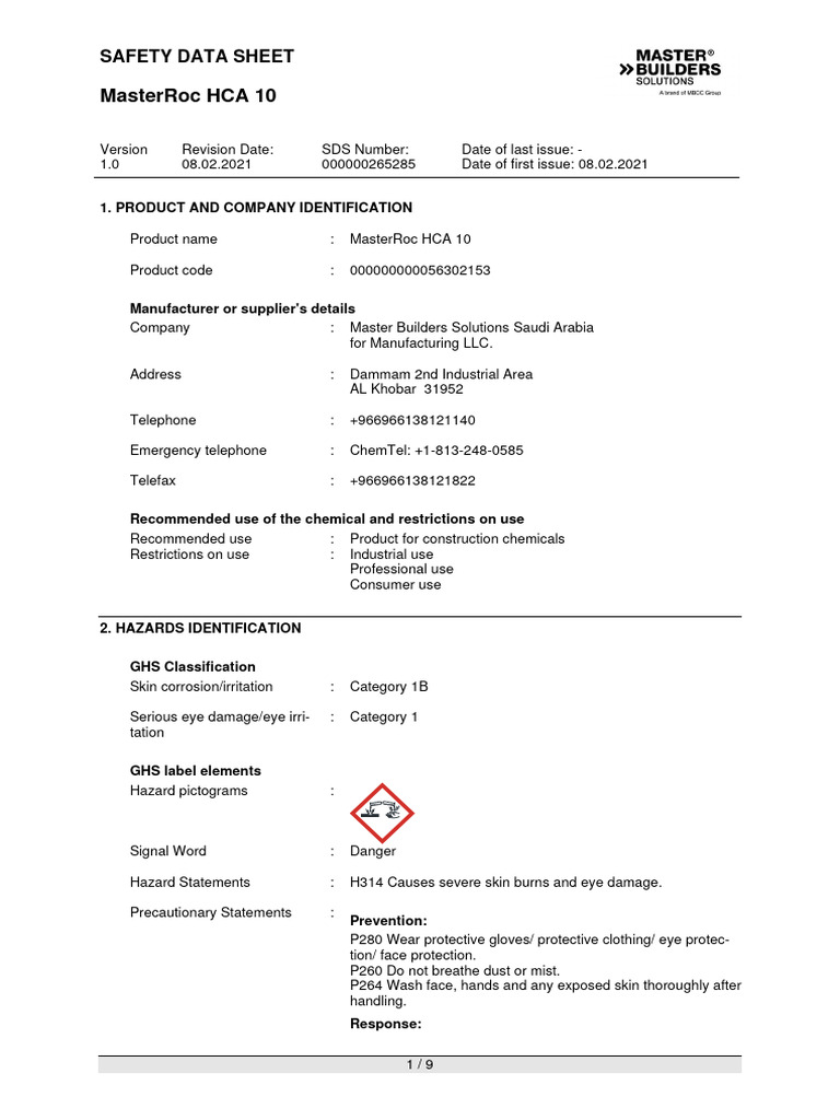MasterRoc HCA 10 Safety Data Sheet | PDF | Toxicity | Dangerous Goods