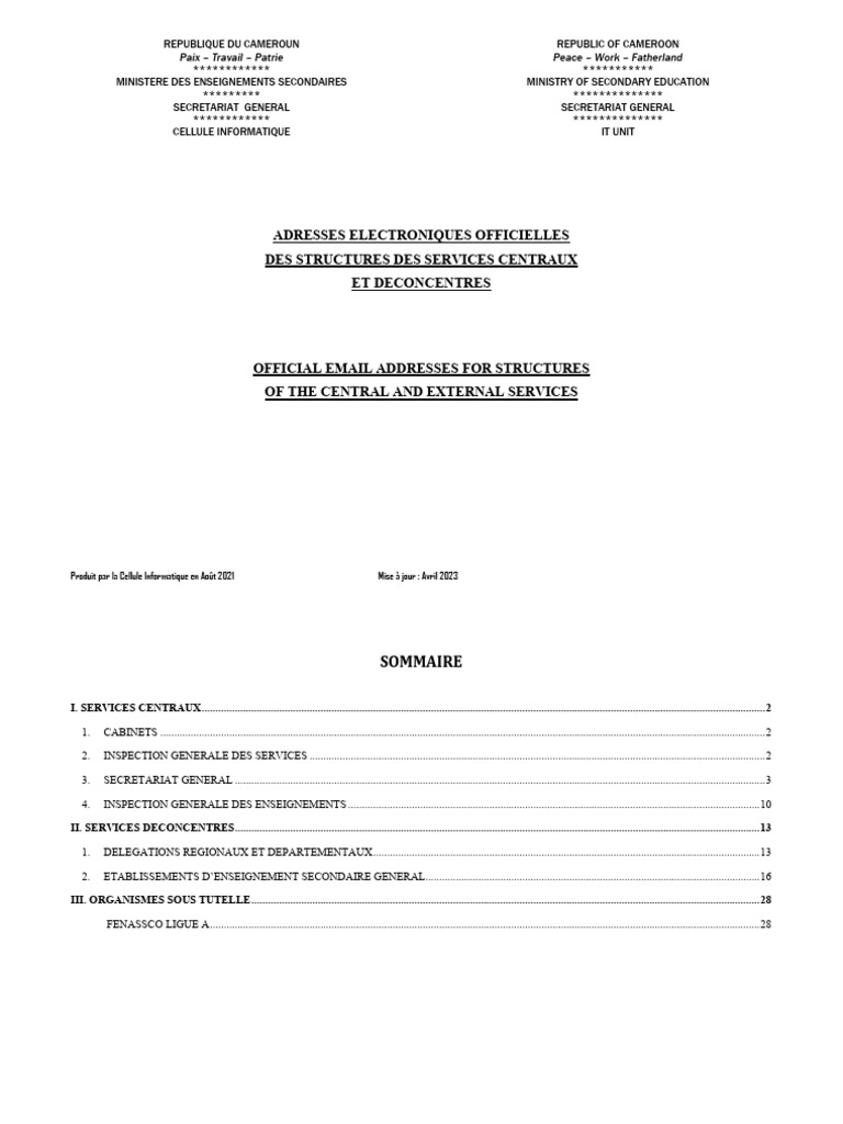 Adresses électroniques du MINSEC Cameroun | PDF