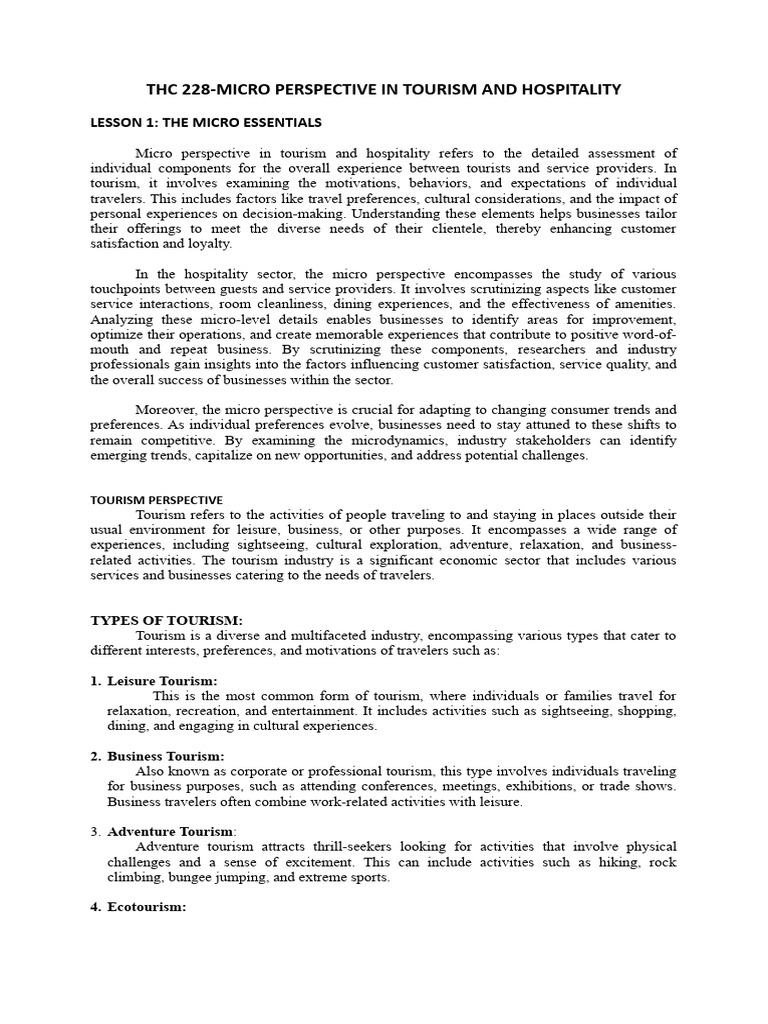Micro Perspective in Tourism & Hospitality | PDF | Tourism | Resort