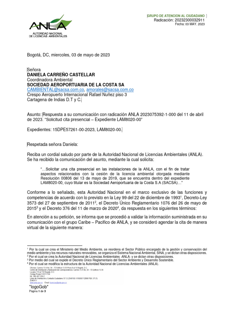 Cita Virtual ANLA: Licencia Ambiental SACSA | PDF | Ciencia y matemáticas
