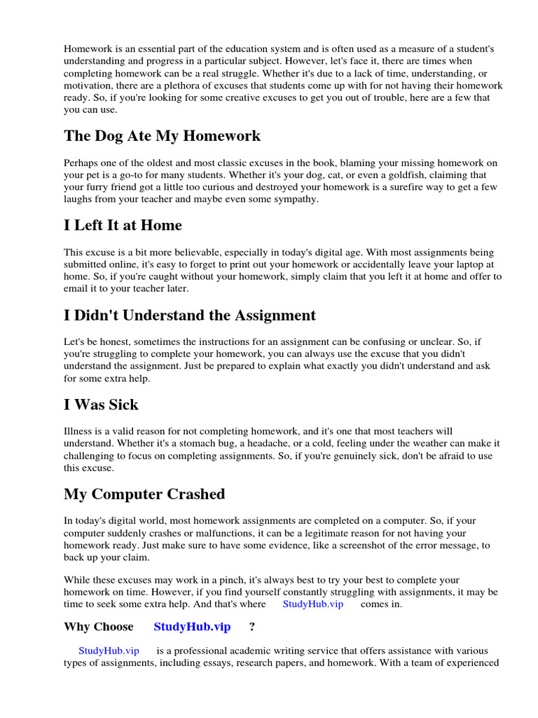 Excuses For Not Having Your Homework | PDF | Homework | Teachers