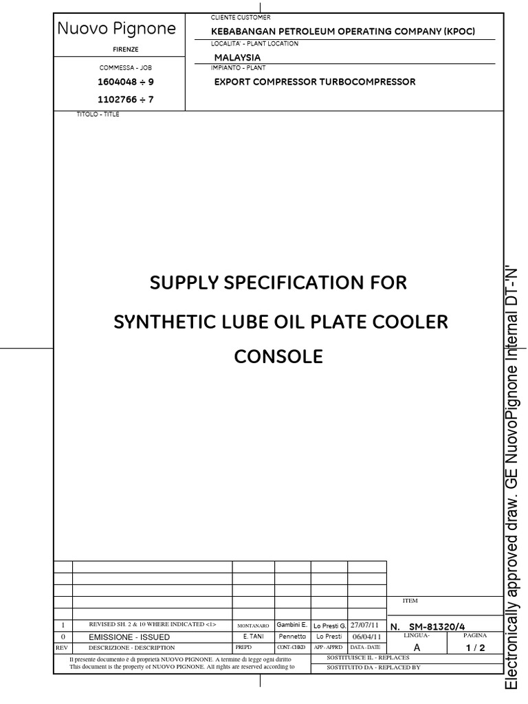 Supply Specification For Synthetic Lube Oil Plate Cooler Console