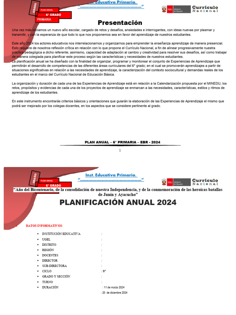 Plan Anual 2024 - 6° Grado Primaria | PDF | Plan de estudios | Aprendizaje
