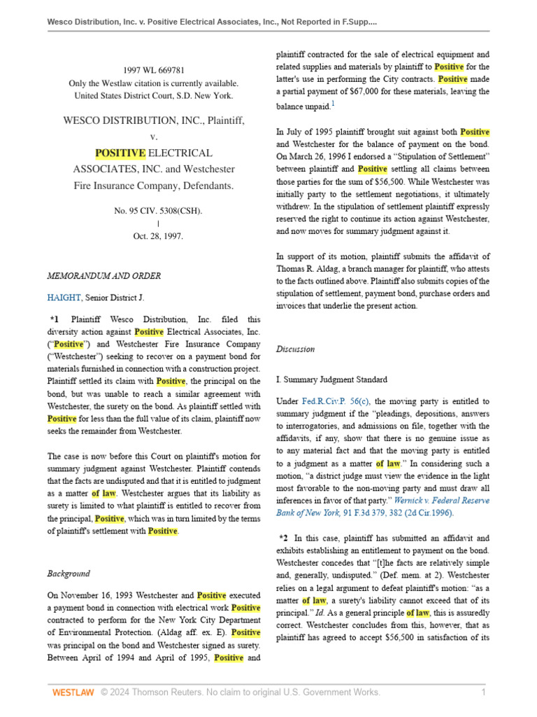 Wesco Distribution Inc V Positive Electrical Associates Inc Pdf
