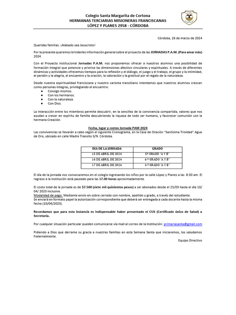 Jornadas P.A.M. 2024 en Colegio Santa Margarita | PDF