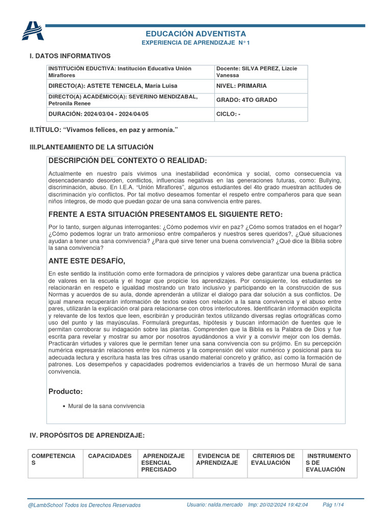 4° Primaria - Unidad 1 2024 | PDF | Aprendizaje | Evaluación