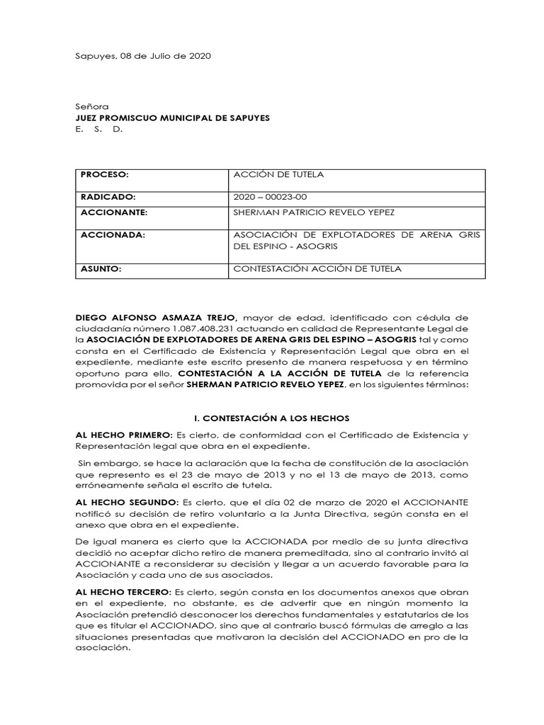Contestación a Acción de Tutela ASOGRIS | PDF | Derecho laboral | Caso ...