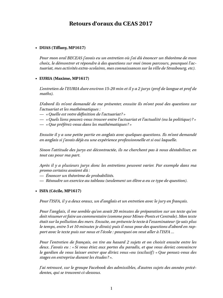 Retours sur les oraux BECEAS 2017 | PDF | Mathématiques