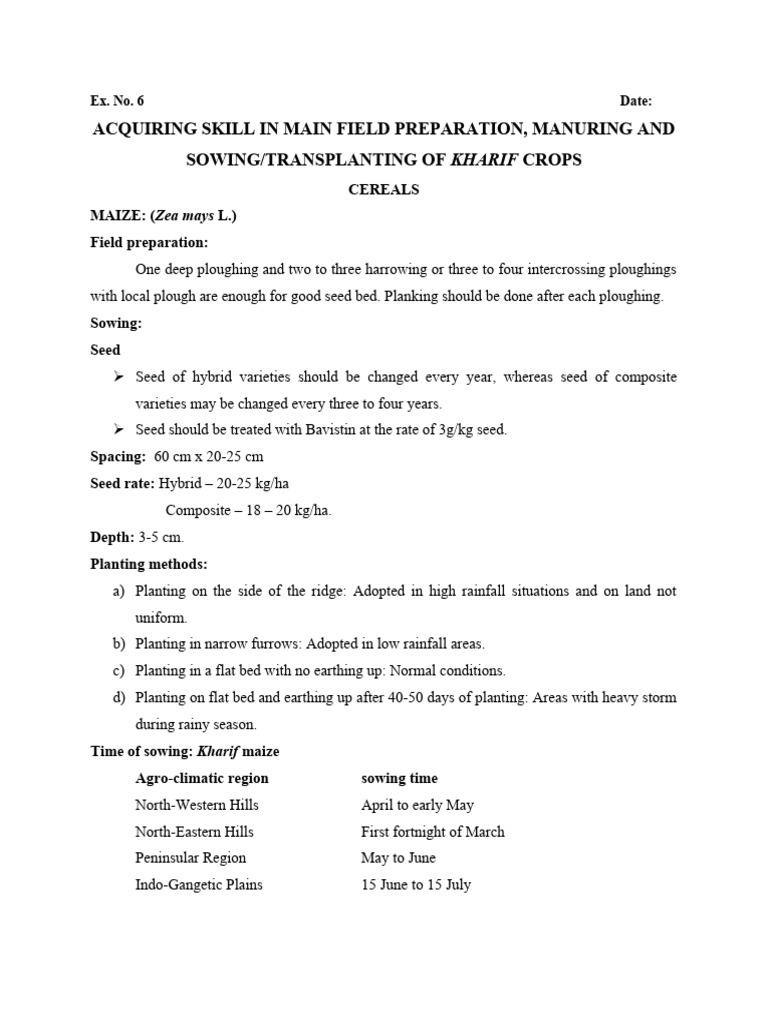 EX - No.6. MF Preparation, Sowing, Transplanting | PDF | Sowing | Plough