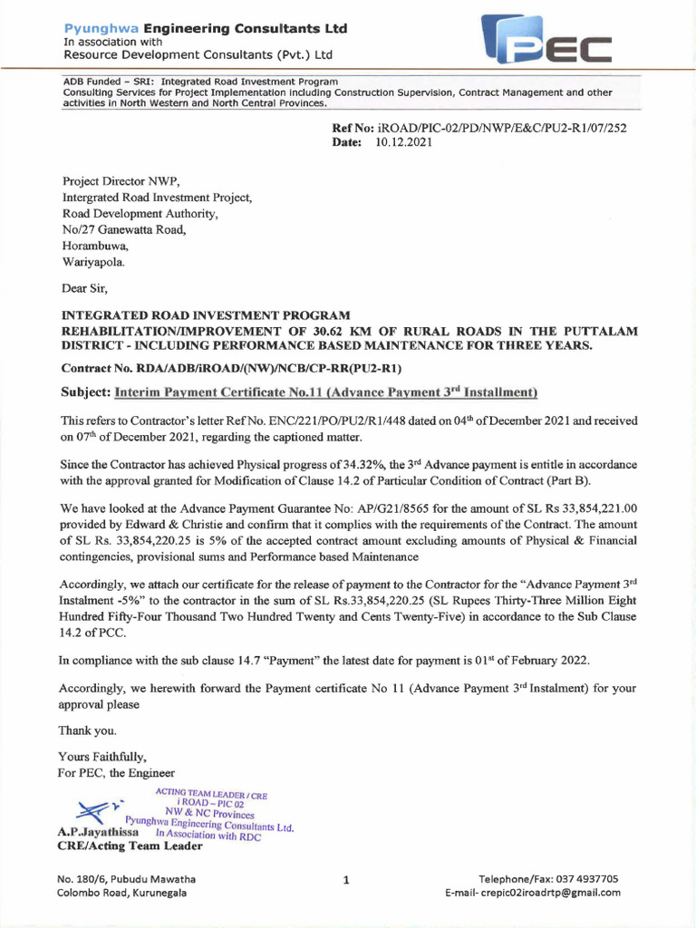 252 - Interim Payment Certificate No.11 (Advance Payment 3rd ...