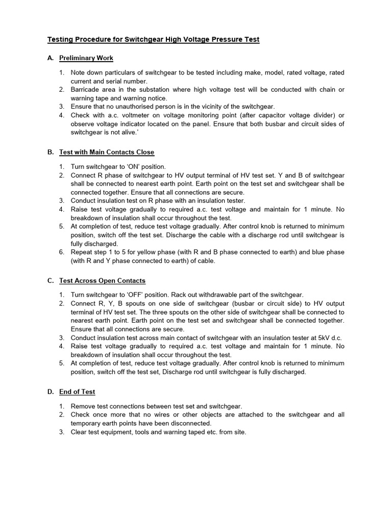 High Voltage Switchgear Testing Procedure | PDF | Insulator ...