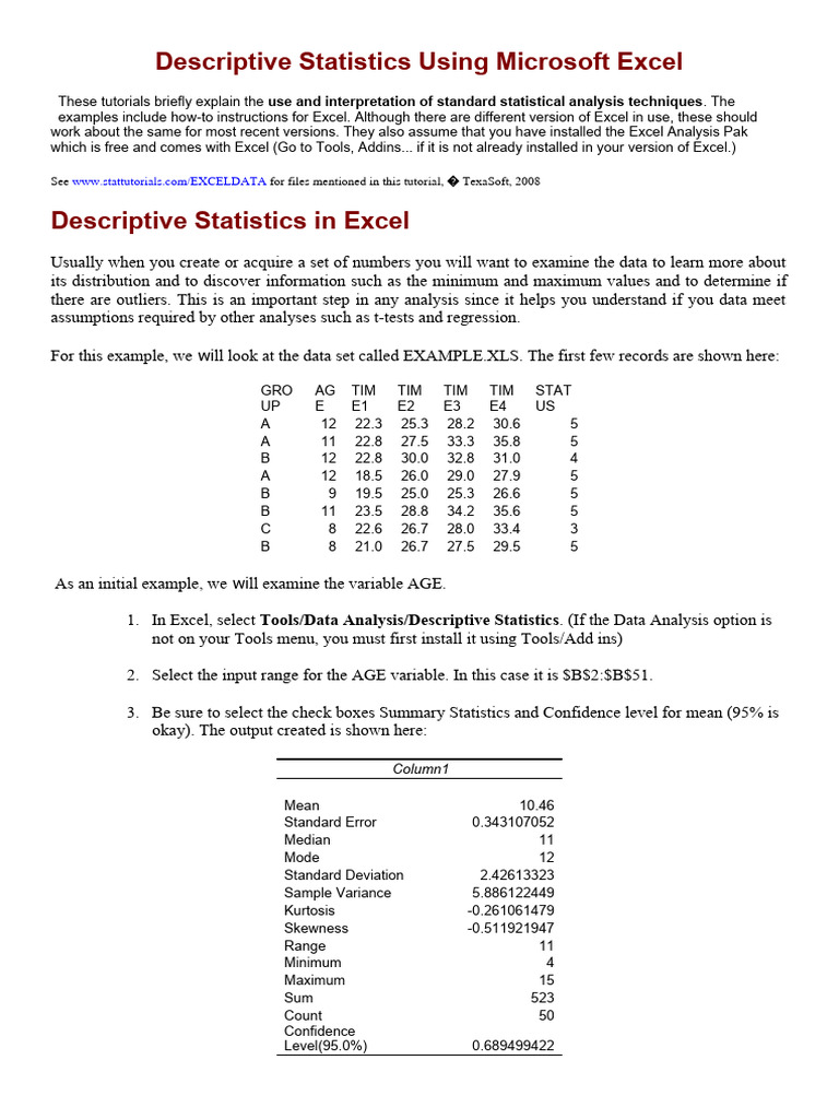 Descriptive Statistics Using Microsoft Excel | Download Free PDF ...