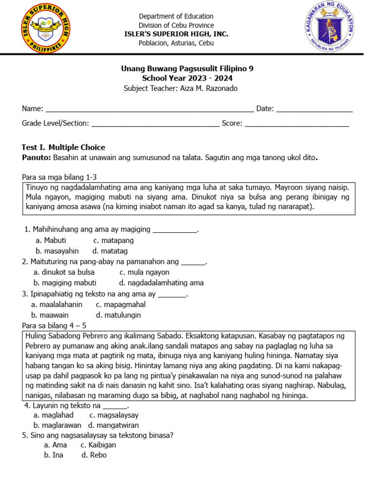 Filipino 9 (Monthly Exam) | PDF
