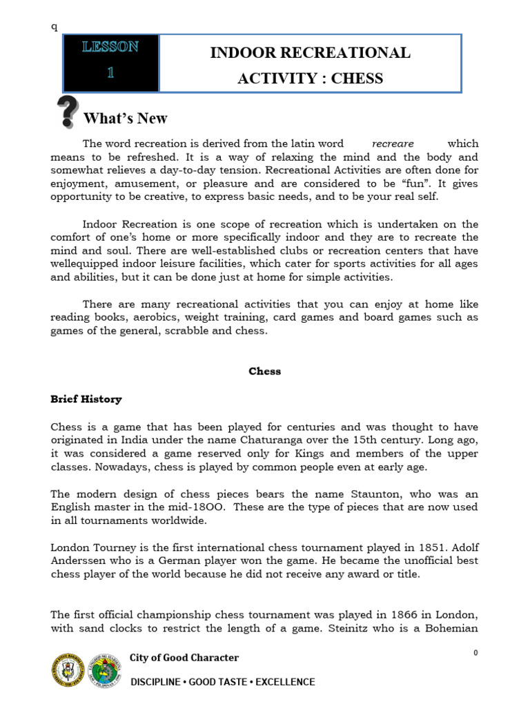 Chess: Indoor Recreational Benefits | PDF | Chess | Traditional Games