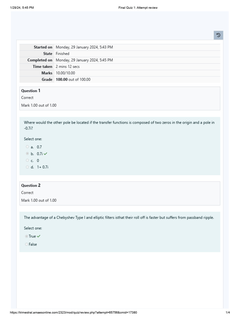 Digital Signal Processing Final Quiz 1 Attempt Review PDF