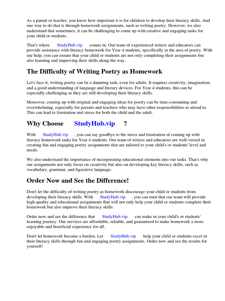 Literacy Homework Year 4 Poetry | PDF | Reading Comprehension | Homework
