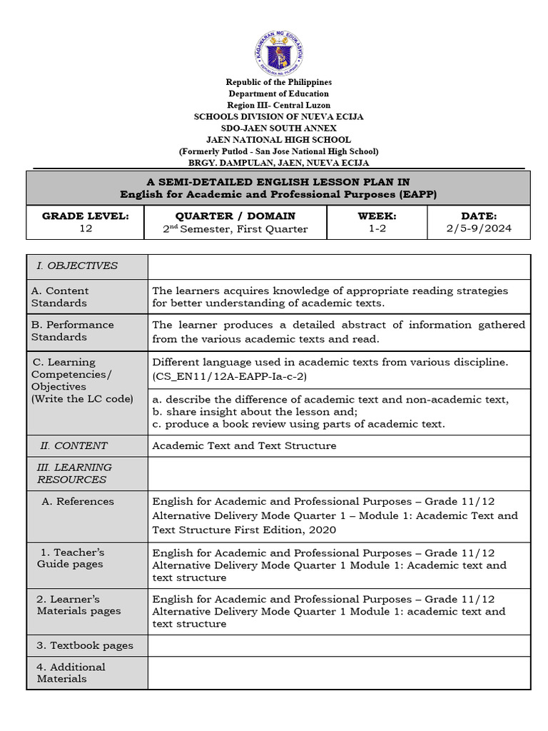 EAPP Lesson Plan for Grade 12 Students | PDF | Learning | Books