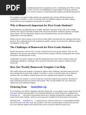 Weekly Homework Template for First Grade