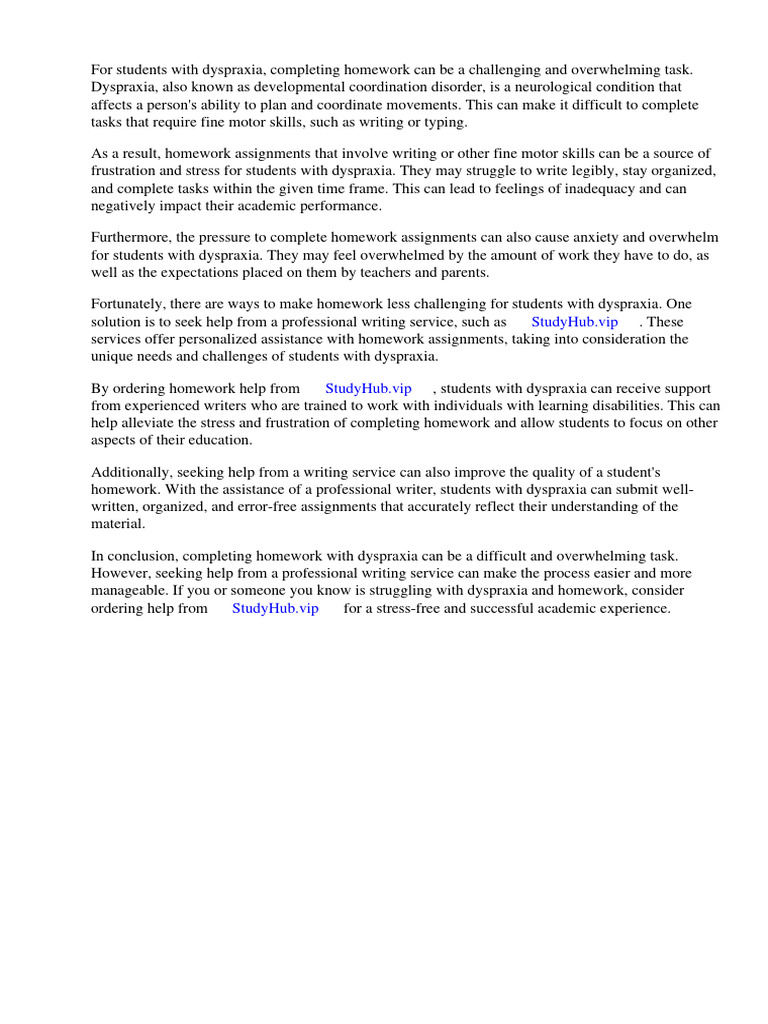 Dyspraxia Homework PDF Homework Learning Disability