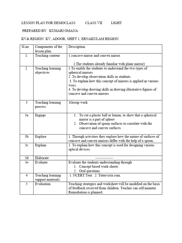 Demo Lesson Plan Onlight Omana PDF Mirror Lesson Plan