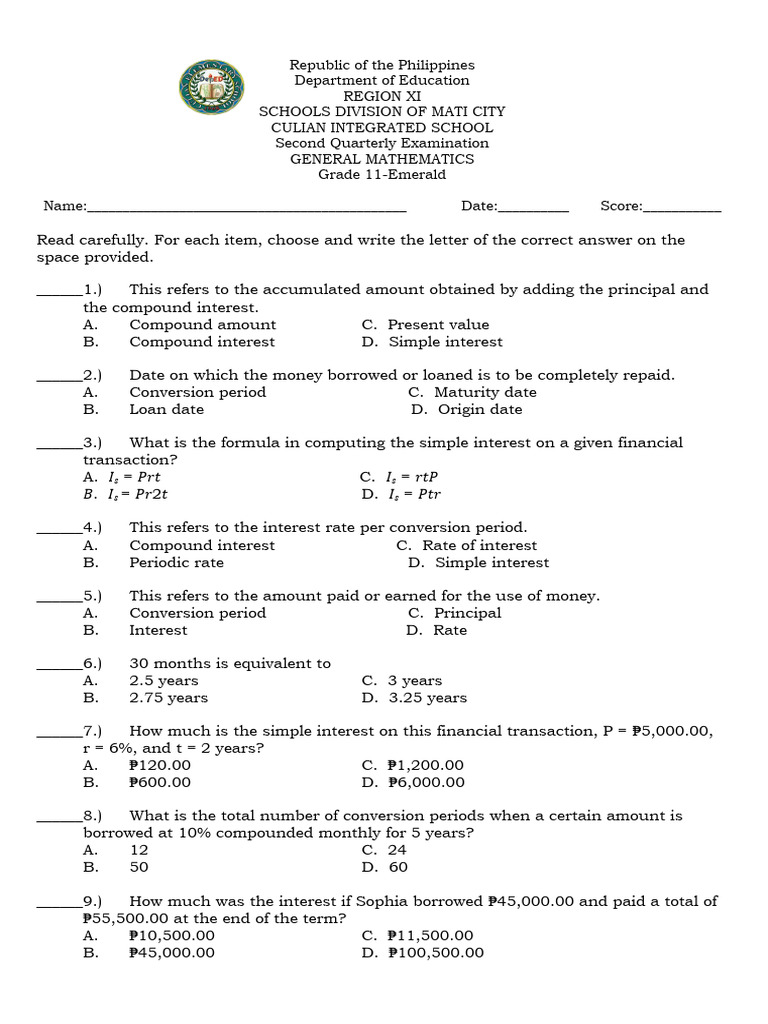 Grade 11 General Mathematics Exam | PDF | Interest | Compound Interest