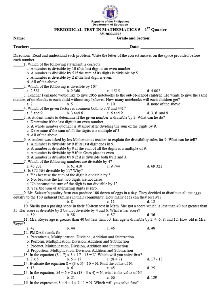 Mathematics 5 Quarter 1 Periodical Exam | PDF | Division (Mathematics ...