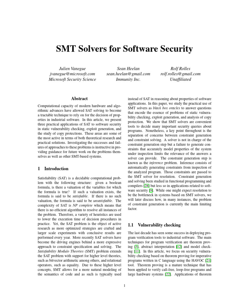 SMT Solvers in Software Security Applications | PDF | Computer ...