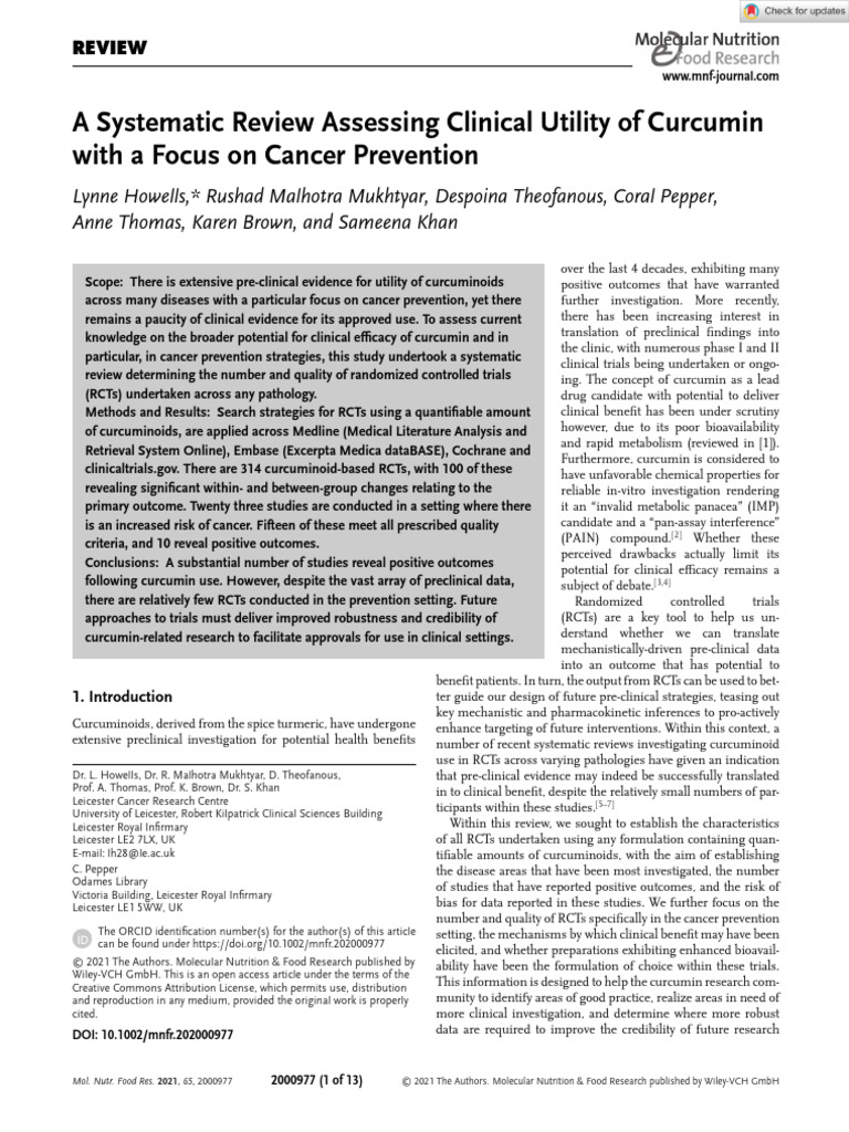 A Systematic Review Assessing Clinical Utility of Curcumin With A Focus ...
