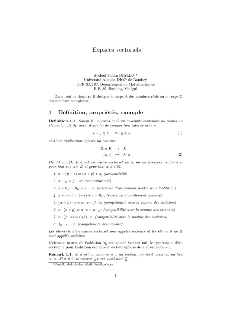 Espaces Vectoriels : Définitions et Propriétés | PDF | Espace vectoriel ...