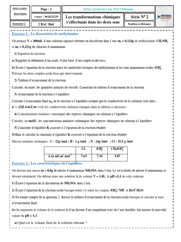 Bilan de la matière en chimie acido-basique | PDF | Équilibre chimique | Ph