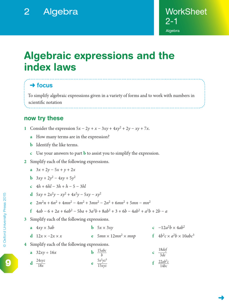 MM9 WS 21 Algebraic Expressions and The Index Law PDF Mathematics