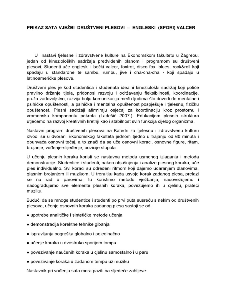Prikaz Sata Vježbi Društveni Plesovi1 | PDF