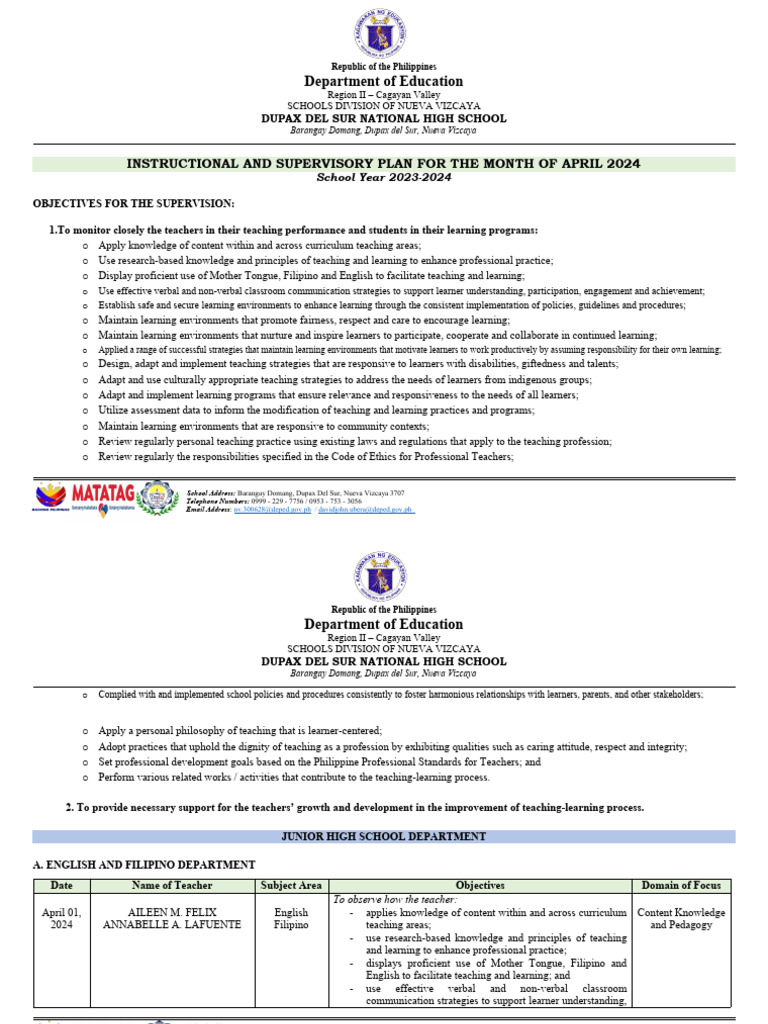 April 2024 Supervisory Plan for Teachers | PDF | Pedagogy | Learning